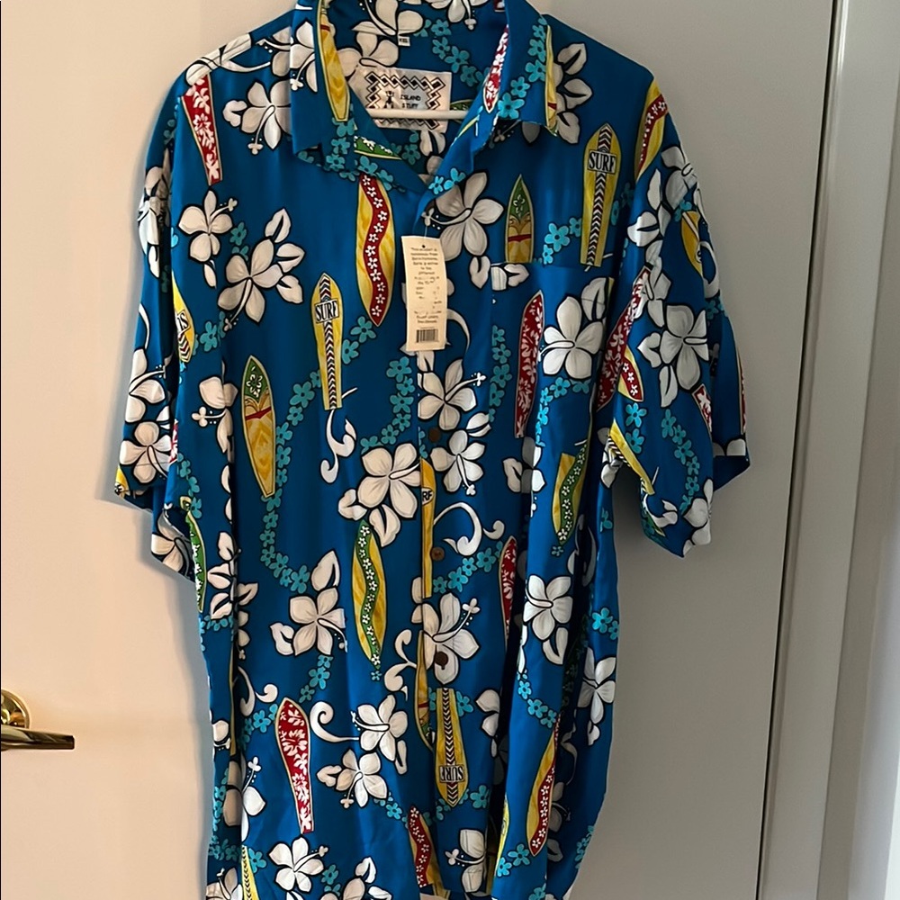 Men’s Casual Blue and White Button Down Shirt with Tropical Print
